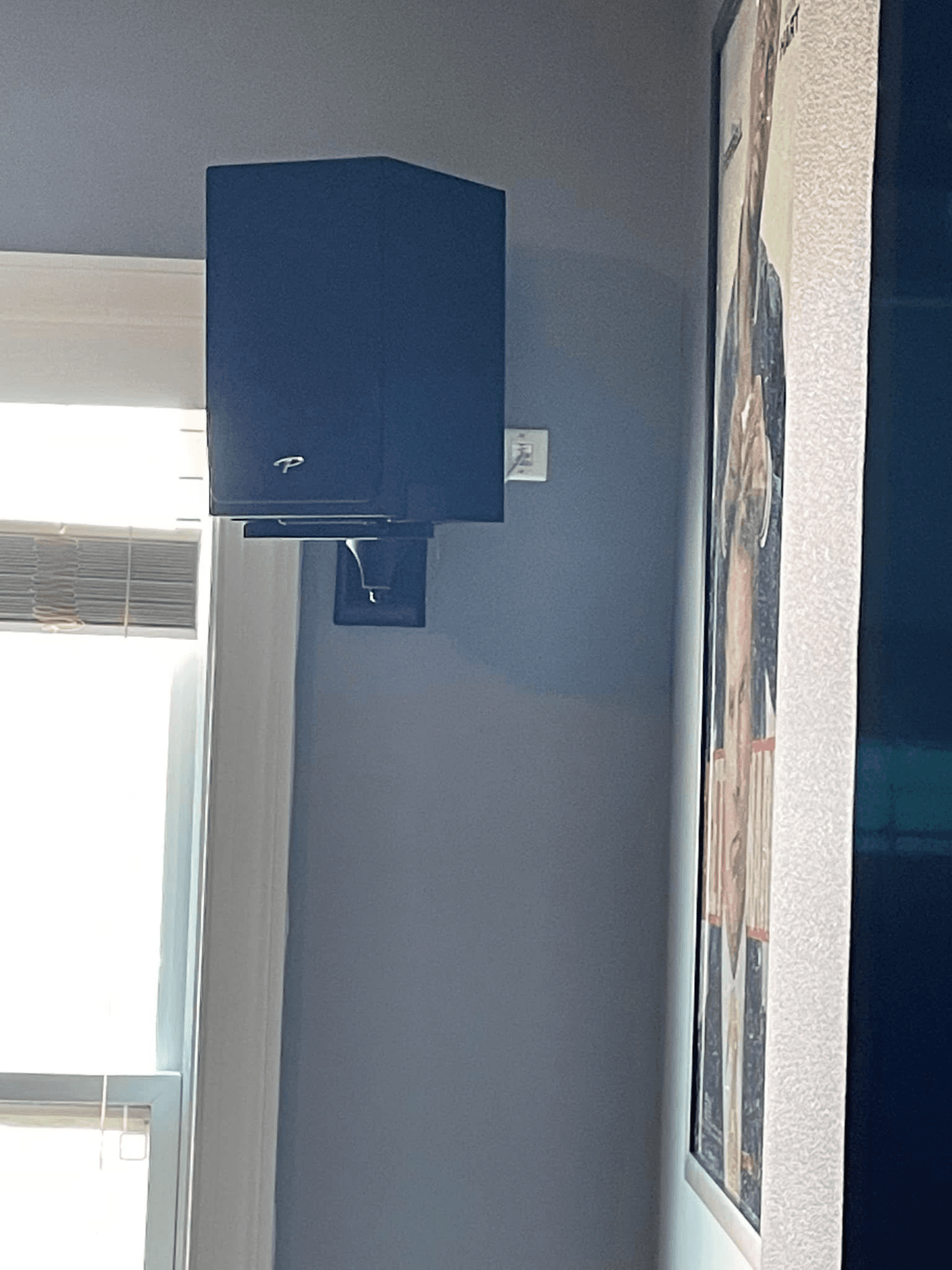 Paradigm wall-mounted surround speaker on blue accent wall