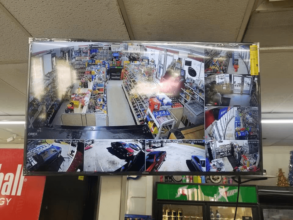 Lorex multi-camera surveillance monitor in commercial store